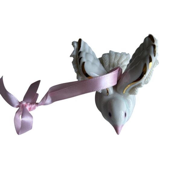 Dresden Other - Irish Dresden Porcelain Dove Ornament With Pink Ribbon & Lace Detailing
